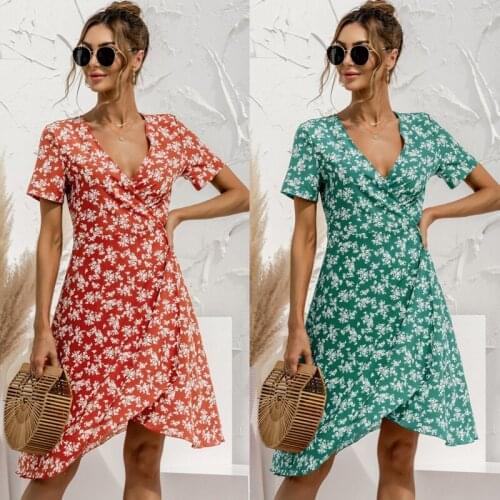 Woman Sweet Floral Dress Irregular Knee-Length Midi Dress Sexy V-Neck Short Sleeve Summer Womens Dress 2021 Robe Femme Vestidos
