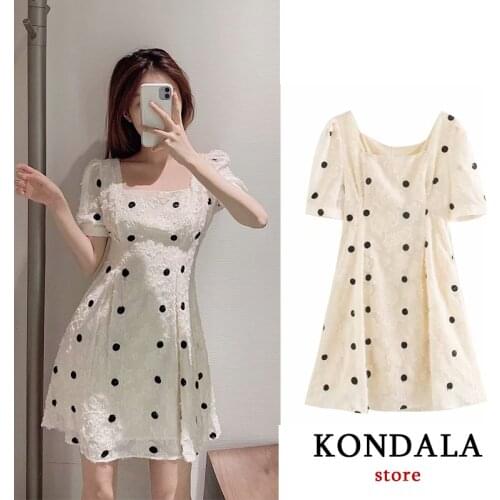 KONDALA Women dress za 2020 casual dot print slim mini elegant dress short sleeve square collar A-line dresses female vestidos