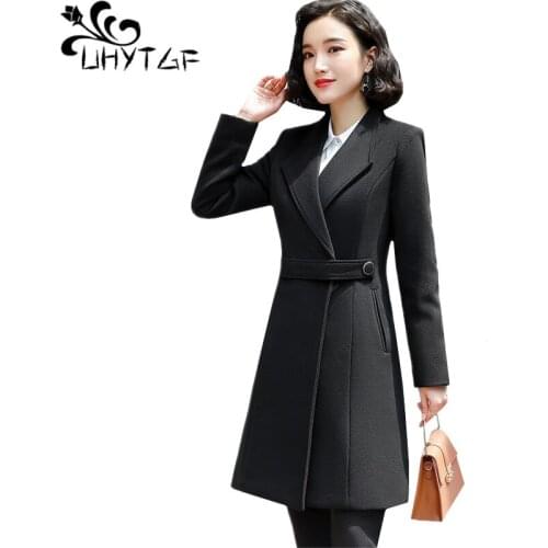 UHYTGF Winter coat women lapel luxury autumn wool coats elegant female Business wear Woolen jacket Casual plus size outerwear486
