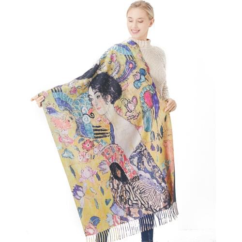 Winter Warm Thick Cashmere Scarves Women Oil Painting Beauty Print Shawls and Wraps Ladies Luxury Brand Pashmina Scarf Fringes