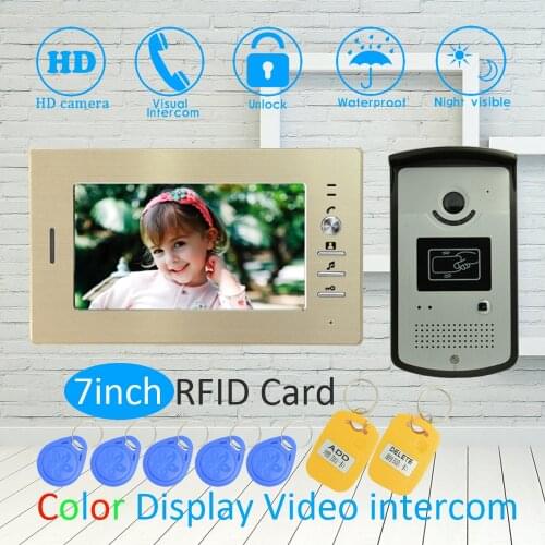 1 SET)Golden color Door intercom System For House 7 inch surface Monitor Wire type Video Door Phone Night Version Doorbell RFID