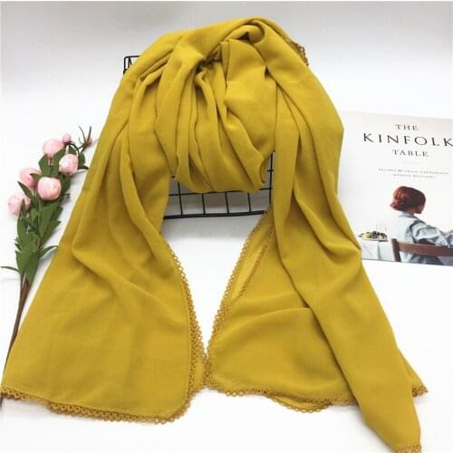 1PCS New hot sale high quality plain bubble chiffon lace side solid shawls headband beach hijab muslim wraps scarves/scarf