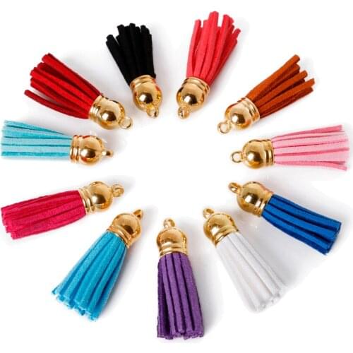 35mm Mixed Color Suede Tassel For Keychain Cellphone Straps Jewelry Charms 10pcs Leather Tassel gold Metal Caps Diy Accessories