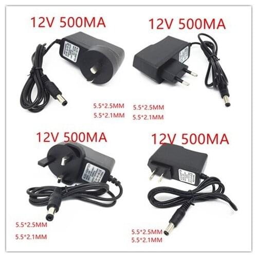 EU AU UK US AC 100-240V Converter Adapter DC 12V 500mA 0.5A Power Supply 5.5 X 2.1MM/ 5.5 X 2.5MM