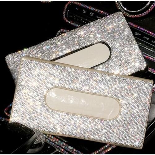 Car Rhinestone Crystal Tissue Box Holder Hanging Sun Visor Mount Auto Mask Box Diamond Interior Decoration with Two Hooks