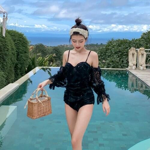 One Piece Korea Swimsuit 2020 Womens Swimwear Push Up Ladies Summer Monokini Girls Lace Sleeve Swim Suit Women May Beach Wear