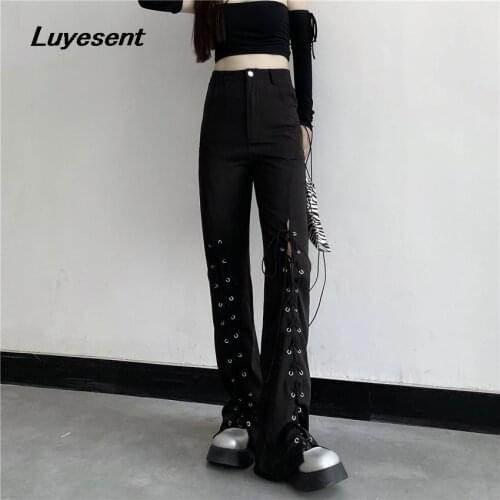 Black Punk Lady Safari Style Long Pants Autumn Women Button Fly Eyelet Lace-up Ribbon Gothic Cargo Pant Dark Goth Street Trouser