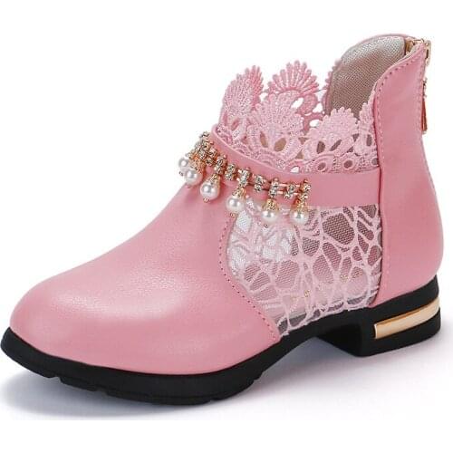 Spring Princess Girls Boots Children Shoes Lace Pearl Autumn Kids Shoes Mary Jane Breathable Children Boots Mesh Boots For Girl