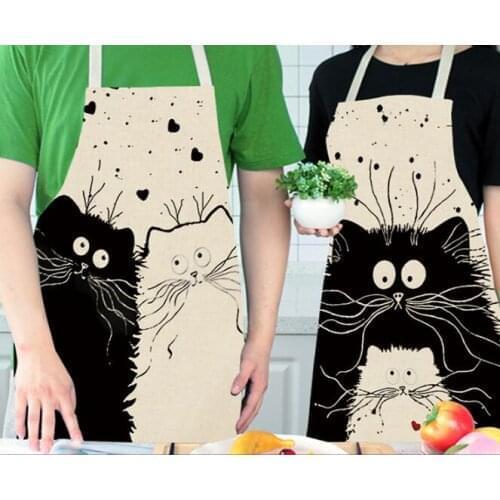 New 50pcs/lot Kitchen Apron Funny Cat Printed Sleeveless Cotton Linen Aprons for Men Women Home Cleaning Tools