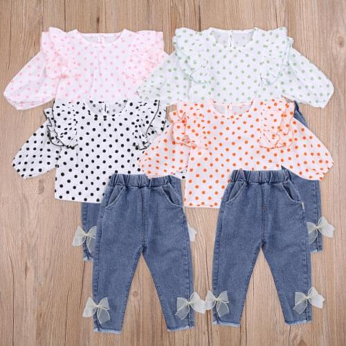 Summer Fall 2 Pieces Kids Suit Set Girls Polka Dot Print Round Neck Long Sleeve Pullover+ Elastic Waist Jeans 4-9 Years