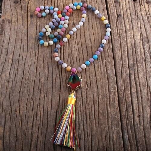 RH Fashion Boho Jewelry Natural Stones Long Knotted With Multi Stone Links Tassel Necklaces Femme Bohemia Necklace