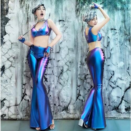 2020 Women New Blue Bar Nightclub Ds Stage Sexy Costume Female Costume Sexy Collar Dance Costume DJ Dance Clothes Set