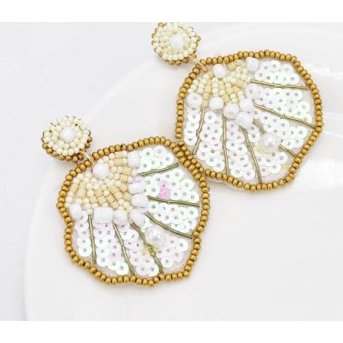 New Bohemian Ethnic Style Hand-Woven Rice Bead Pearl Earrings For Women Leaf-Shaped Sequins Beaded Earrings Jewelry Gift