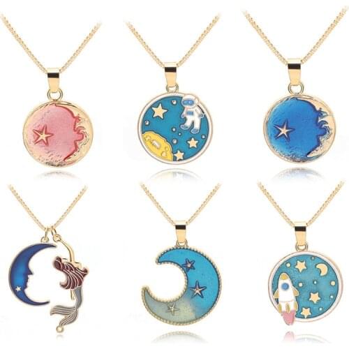 Adorable Moon Star Space Astronaut Necklace Women Children Jewelry Gift For Kids Friends
