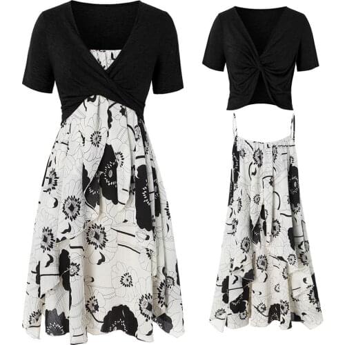 Wipalo Plus Size Dinosaur Print Ruffled Dress With Twist Top Spaghetti Strap Two Piece Summer Dresses A-Line Women Dress Vestido