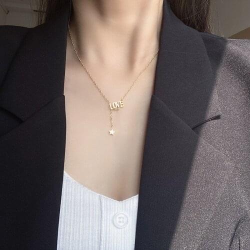 Retro Simple Lovers Jewelry Classic Letter Love Pendant Necklace For Women Titanium Steel Golden Female Necklaces