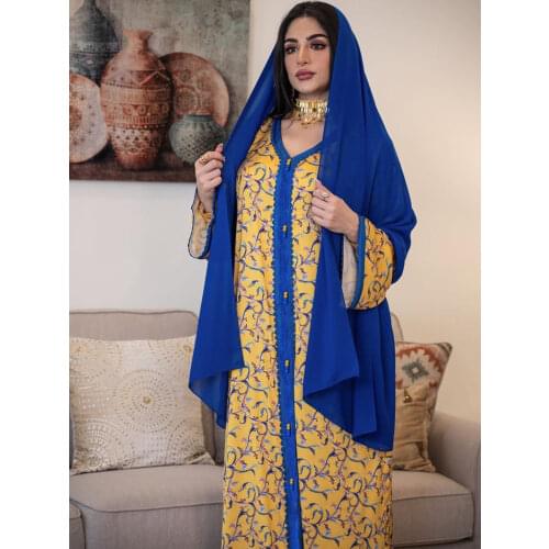 Women Dubai Printed Jalabiya Dress Long Loose Braid Trim Long Sleeves V Neck Islam Muslim Abaya Arabic Gowns Party Plus Size