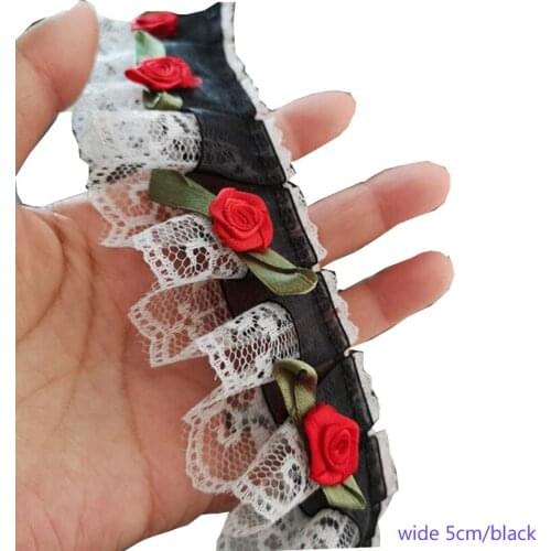 5CM Wide Luxury Embroidery 3D black flower lace fabric trim ribbon DIY sewing applique collar fringe guipure wedding cloth decor