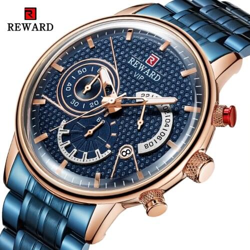 REWARD Luxury Mens Watches Sports Chronograph Waterproof Analog 24 Hour Date Quartz Watch Men Full Steel Wrist Watches Clock