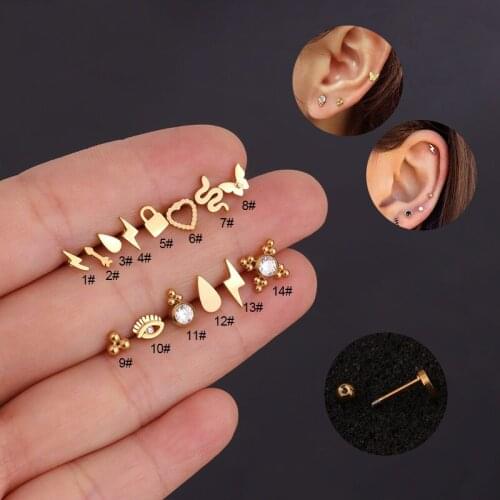 1PC 20G Mini Stainless Steel Cartilage Lighting Heart Snake Key Tragus Helix Earring Piercing Earrings Stud Jewelry