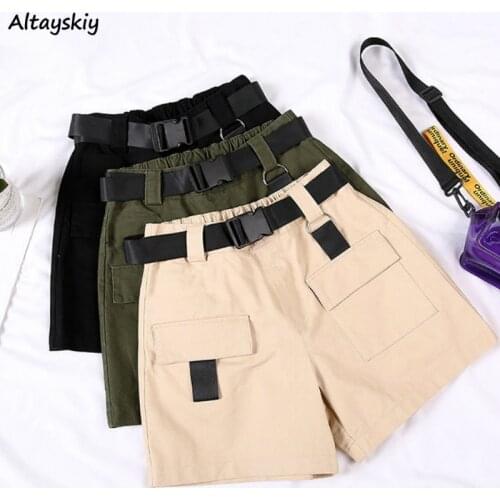Shorts Womens Summer 2020 Bf Loose Mid Waist Cargo Khaki Casual Belt Solid Pockets Cool Street Fashion Chic Novelty Lady Hot New