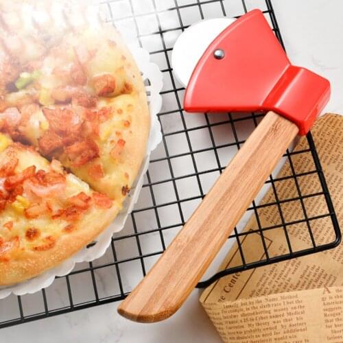 Stainless Steel Axe Bamboo Handle Pizza Cutter Rotating Blade Home Kitchen Single Wheel Cutting Tools Cookies Cake Cutting