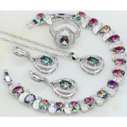 925 Silver Jewelry Rainbow Mystic Fire Stones White CZ Jewelry Sets For Women Wedding Necklace/Earrings/Bracelet/Pendant/Ring