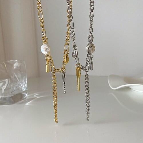 U-Magical Tassel Irregular Freshwater Pearl Key Lock Pendant Necklace for Women Metallic Chain Asymmetry Necklace Jewellery