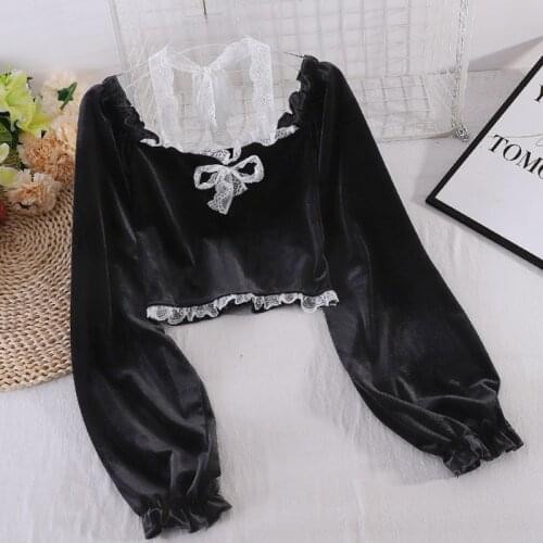 Womens Autumn New Style Blouse Halter Lace Stitching Strapless Shirt Short Long-Sleeved Velvet Top Female GX1132