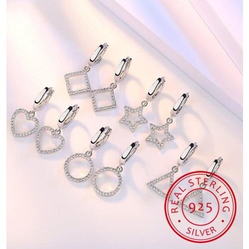 5 Styles 925 Sterling Silver Crystal Zirconia Star Heart Circle Square Drop Earring Geometric Jewelry pendientes For Women Gift
