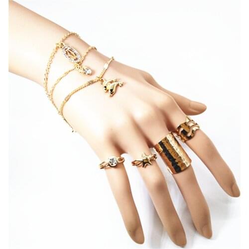 Dolphin Crown Rhinestone Gold color Chain Shinning Fashion Girl Charm Bracelets Set Women Bangle Female Party Jewelry Gift