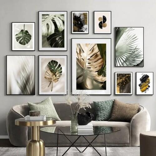 Golden Monstera Foggy Palm Leaf Plant Nordic Poster Abstract Wall Art Print Canvas Painting Wall Pictures For Living Room Decor