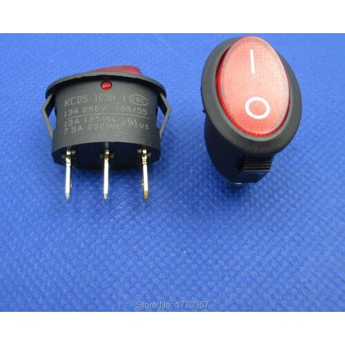 5 pcs KCD5-103N 2 Position 3 pins mini oval rocker Switch ON-OFF 6A 250VAC with red light Small household appliance switch
