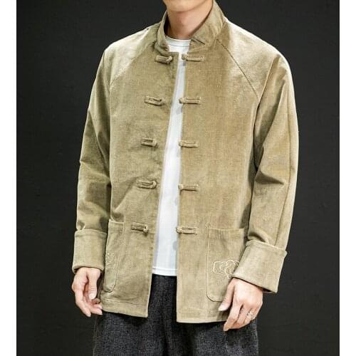 5XL Men Retro Embroidery Corduroy Jacket China Buckle Tang Suit Loose Coat Mens Jackets C034