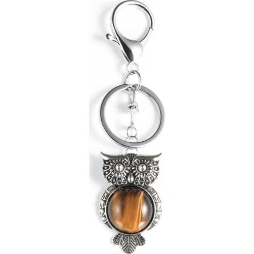 Natural Round Stone Owl Key Chain Keyring Tiger Eye Opal Labradorite Red Green Gem Turquoises Animal Pendant Keychain Jewelry