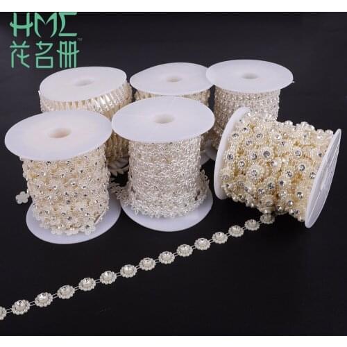 1m ABS Imitation Pearl Beads Chain Trim with Crystal Rhinestone for DIY Wedding Party Decoration Jewelry Craft Accessories