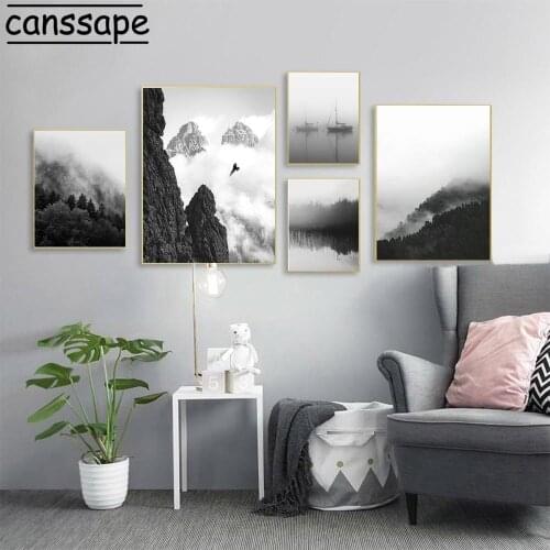 Black White Wall Art Print Fog Mountain Paintings Forest Canvas Poster Lake Boat Posters Modern Pictures For Living Room Decor