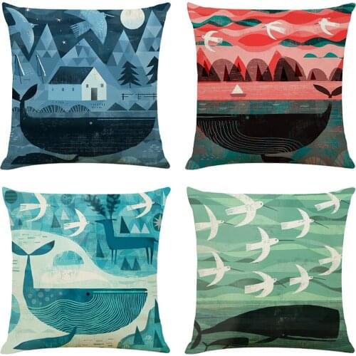 Whale Print Cushion Cover Decorative Pillows 45x45cm Ocean Themed Seat Cushions Home Decor Flax Throw Pillow Sofa Pillowcase