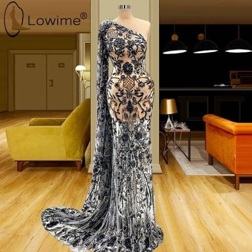 Long Robes Kaftans Sexy Illusion One Shoulder Mermaid Evening Dresses Middle East Saudi Arabia Luxury Beading Evening Gowns