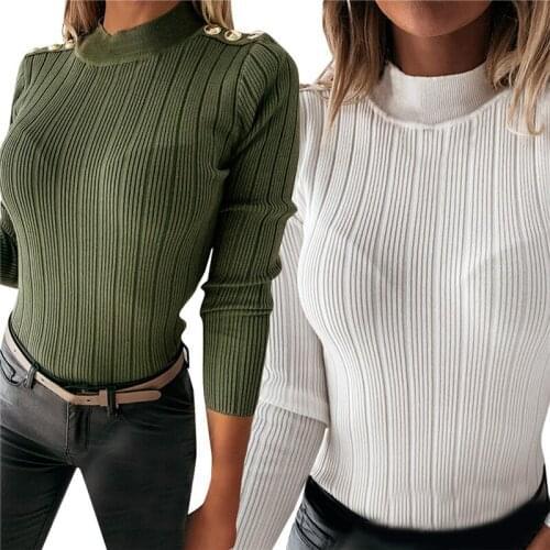 Elegant Women Autumn Knitted T-Shirts Button Round Collar Long Sleeve Solid Slim Pullovers Ladies Basic Tops Streetwear harajuku