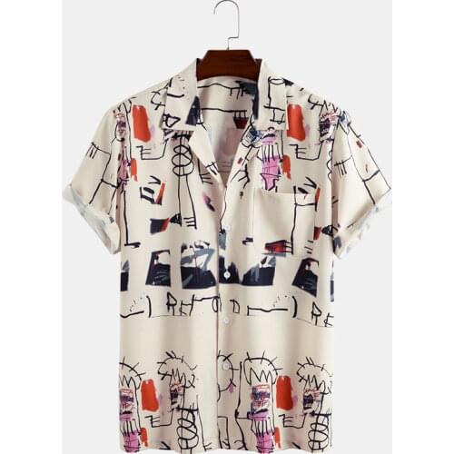Fashion Beach Hawaiian Shirt Mens Korean Cartoon Style Dinosaur Beach Coconut Print Short Sleeve Pink Shirt Men