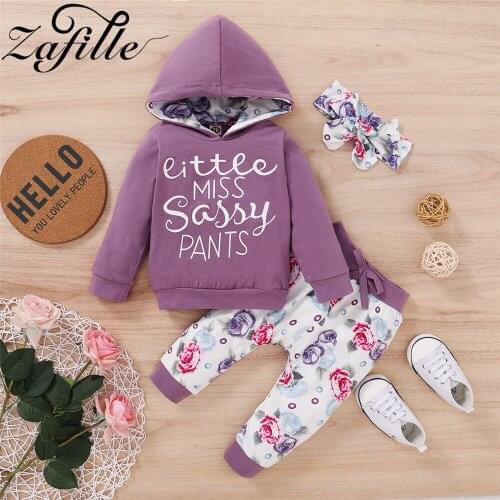 ZAFILLE 3PCS Suits For Baby Girl Outfits Purple Flroal Printed Newborn Baby Girl Clothes Set 2020 Baby Girl Winter Clothes