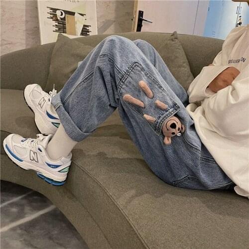 2021 Korean Style Mens Baggy Homme Casual Pants Cargo Pocket Jeans Bear Loose Straight Pants Biker Denim Trousers Size M-2XL
