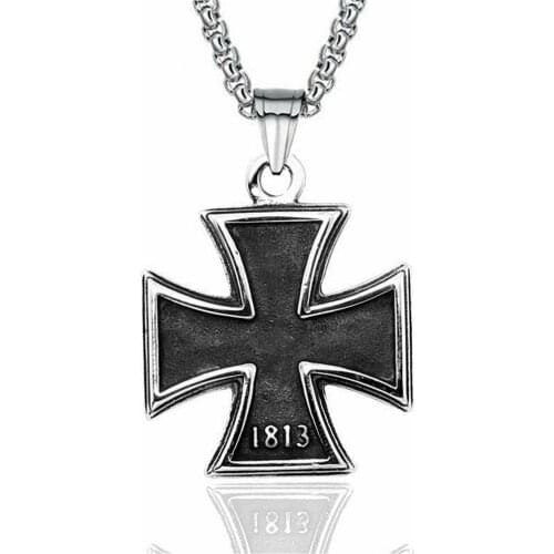 Mens Stainless Steel 1813 1949 WW2 German Iron Cross Pendant Necklace