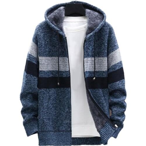 Men Hooded Coat Knitted Casual Coat Sweater Coat Autumn Winter Thicken Plush Warm Cardigan Sweater for Office Knitted Jacket