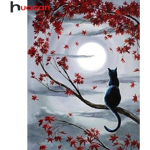 Huacan Full Drill Diamond Painting Kits Night Moon Wall Stickers Mosaic Embroidery Cross Stitch Tree Cat Home Decor