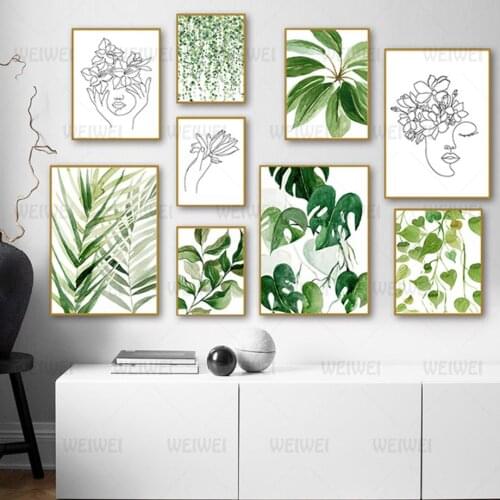 Watercolor Green Leaf Home Decoration Poster Tropical Plant Canvas Painting Minimalist Line Face Wall Picture Living Room Decor