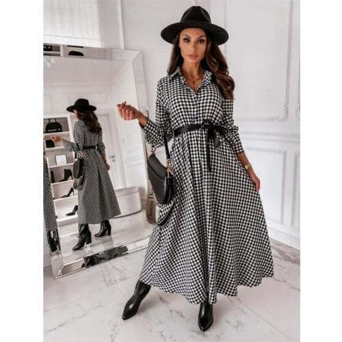 New Women Lapel Long Sleeves Lattice Dress Elegant Belt Corset Lace Swing Temperament Dress Womens Spring Autumn Casual Dresses