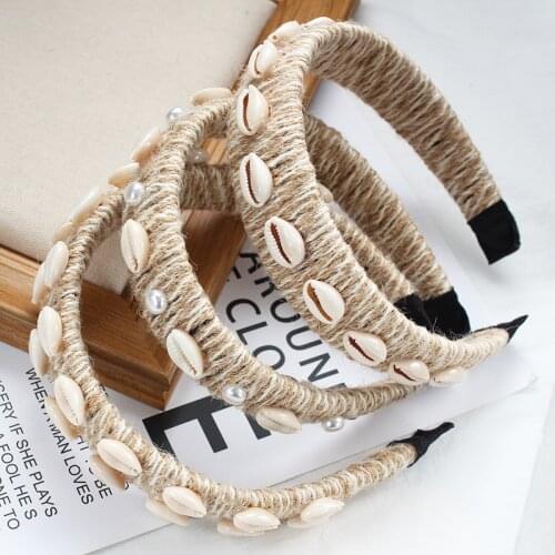 2021 Bohemian Pearl Shell Headbands Hairbands for Women Hair Jewelry Bride Wedding Hemp Rope Straw Hair Hoop Party Accessories