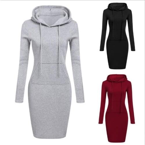 Autumn Winter Warm Sweatshirt Long-sleeved Dress Woman Clothing Hooded Collar Pocket Simple Casual Ladies Dress Vesdies